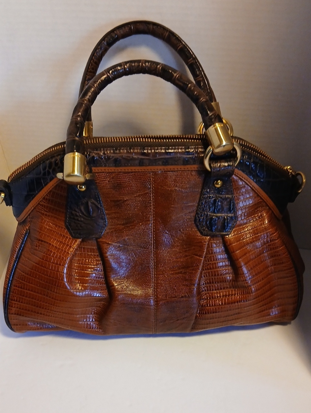 BRAHMIN Brown Croc-Embossed Satchel Handbag